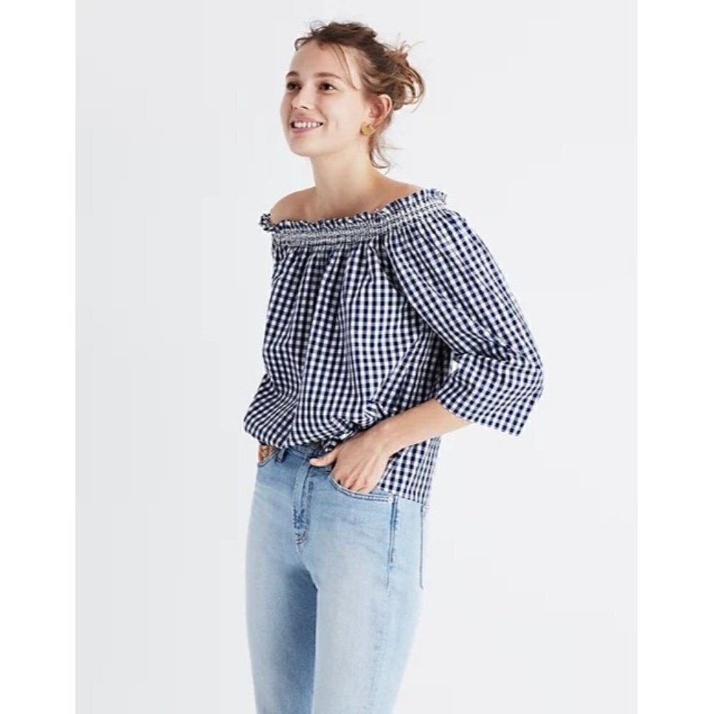 Madewell Smocked Blue & White Gingham Plaid Off The Shoulder Long Sleeve‎ L